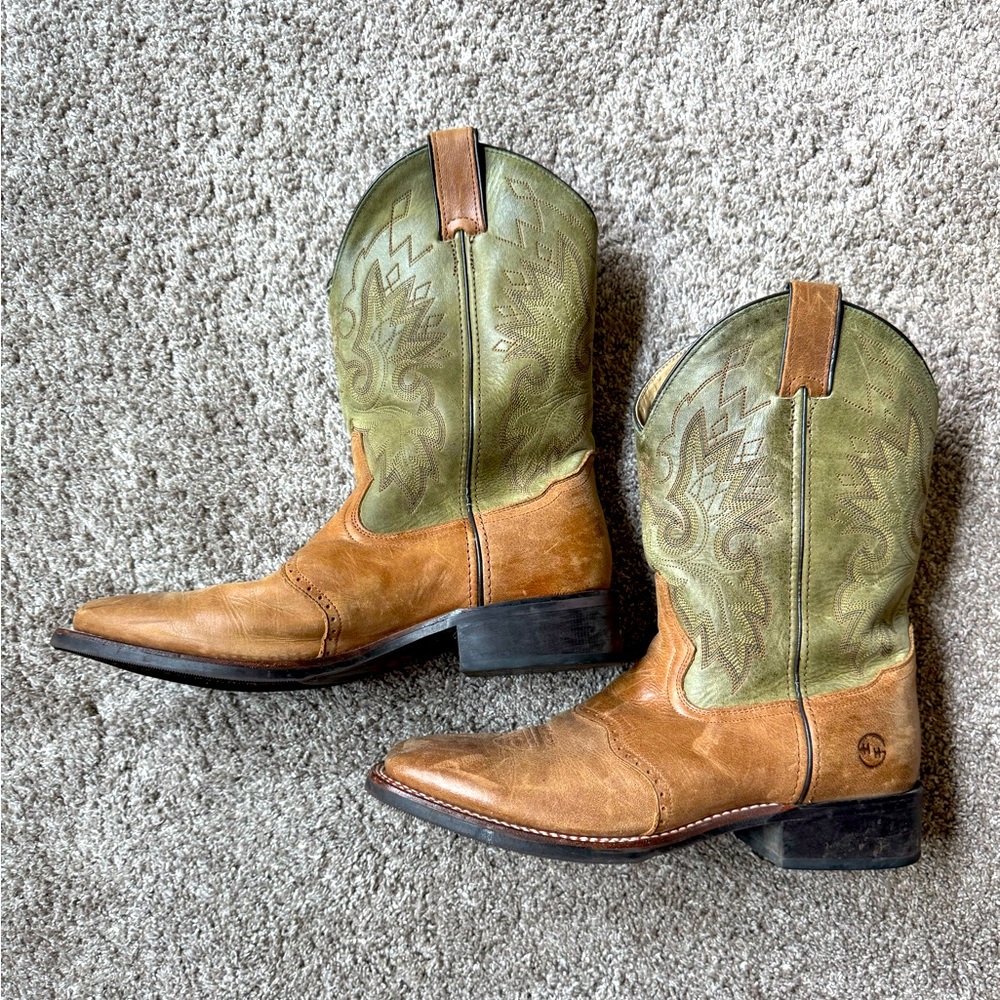 Double H Tan and Green Western Cowboy Boots with Distressed Leather